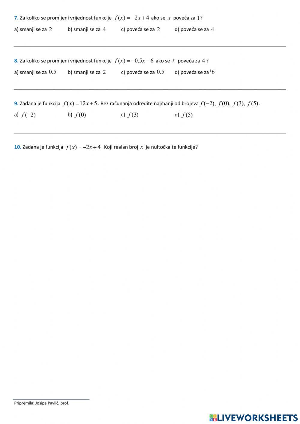 Linearna funkcija - ponavljanje