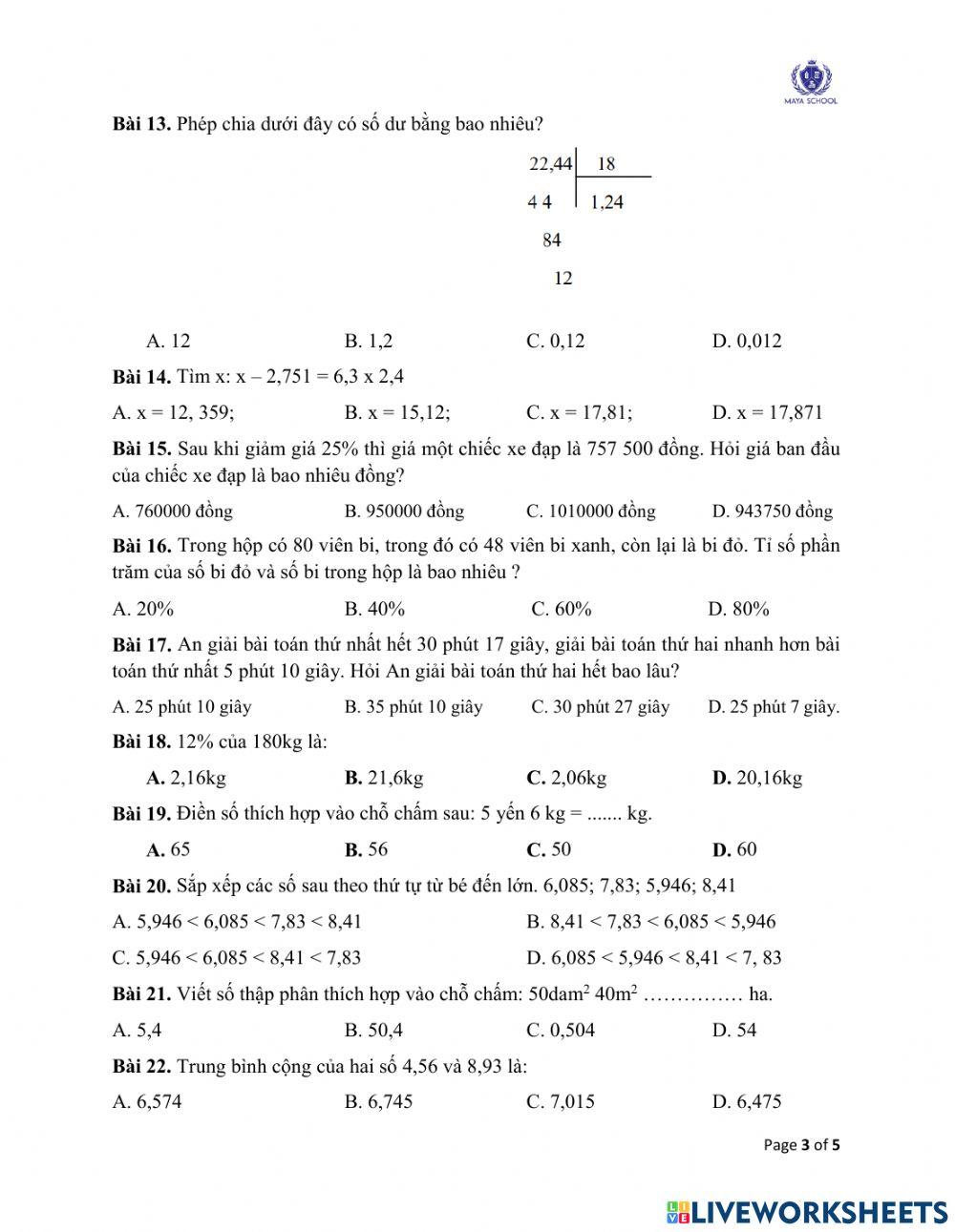 Toán 5 - 17.05.2021 - 21.05.21021 - Ôn tập cuối năm