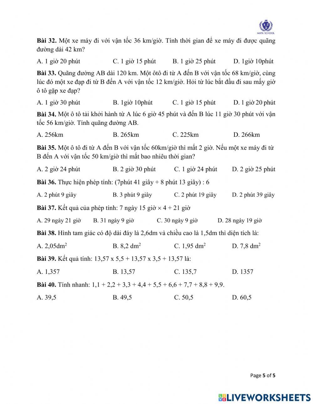 Toán 5 - 17.05.2021 - 21.05.21021 - Ôn tập cuối năm