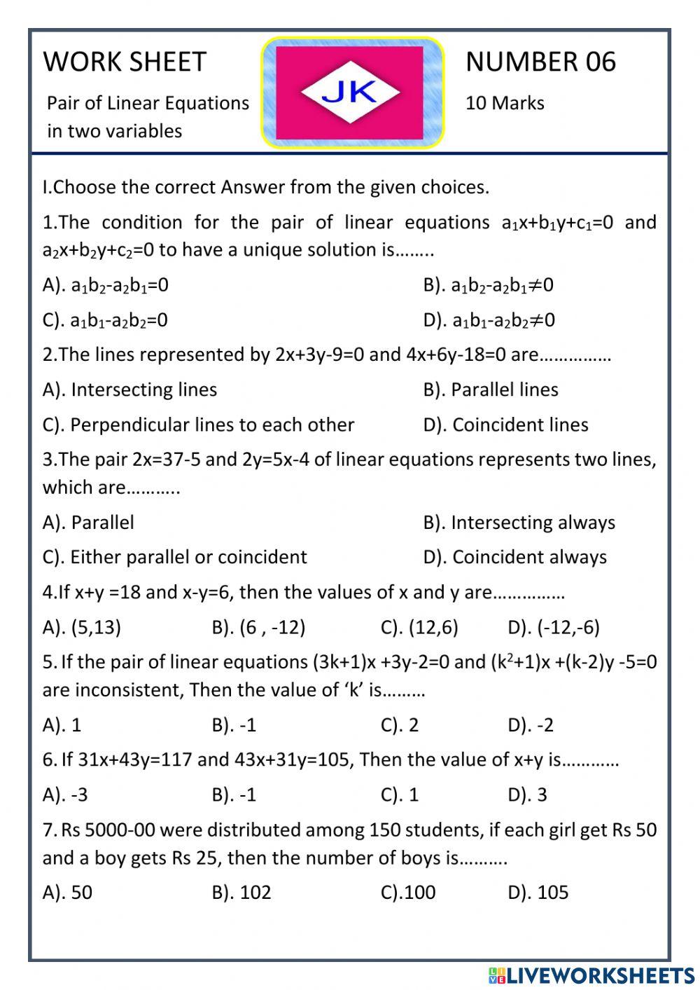 Pair of Linear Equations of two Variables Worksheet 02 By JK online ...