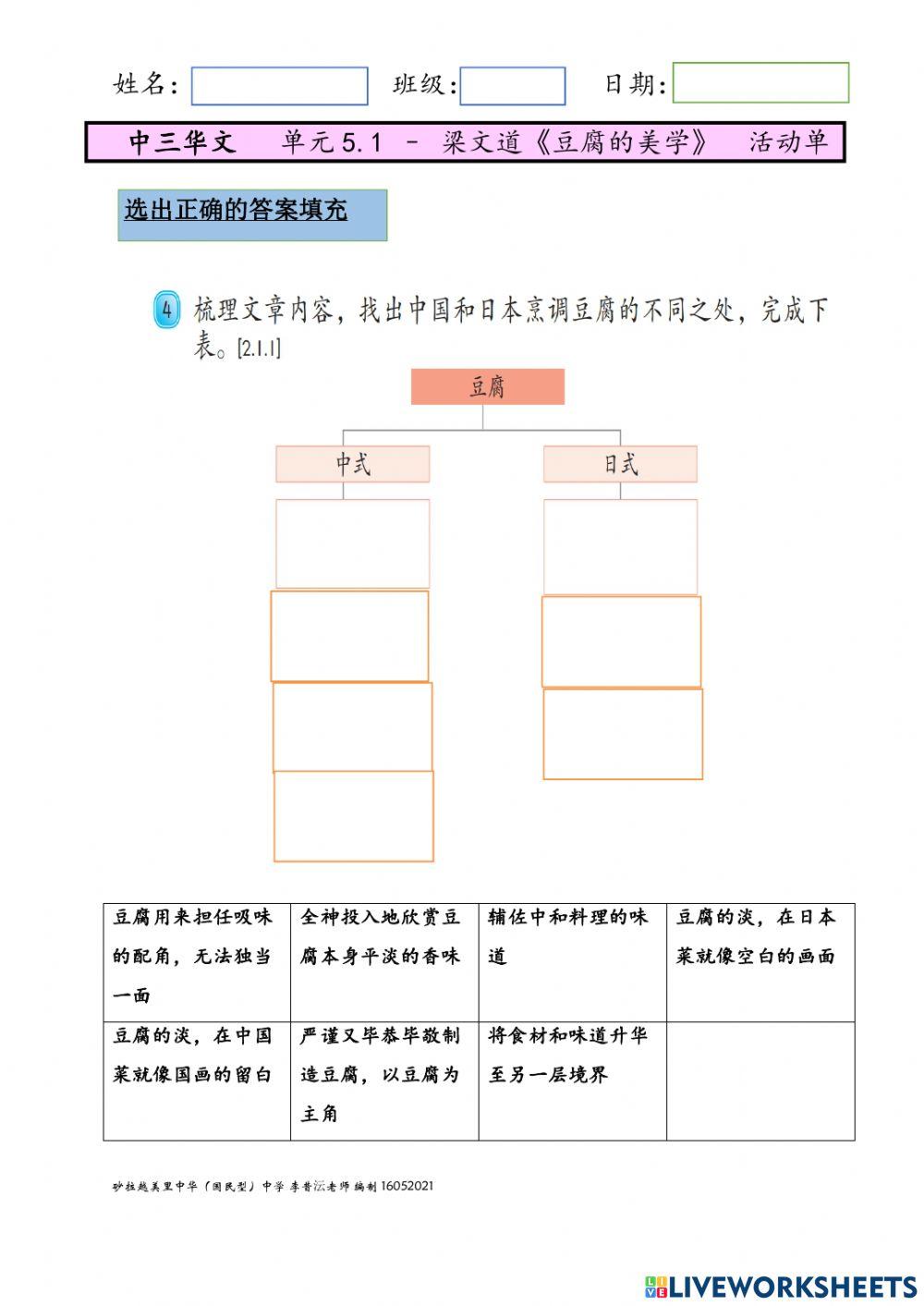 中三华文 单元5.1 豆腐的美学