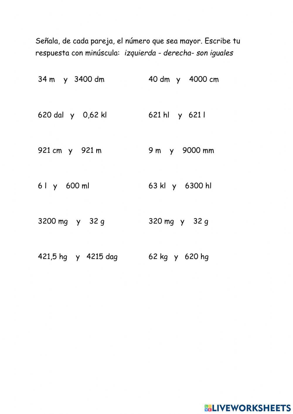 Comparación unidades de medida