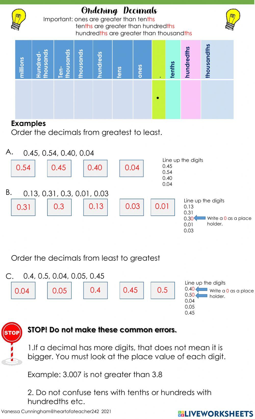 Comparing and Ordering Decimals activity | Live Worksheets