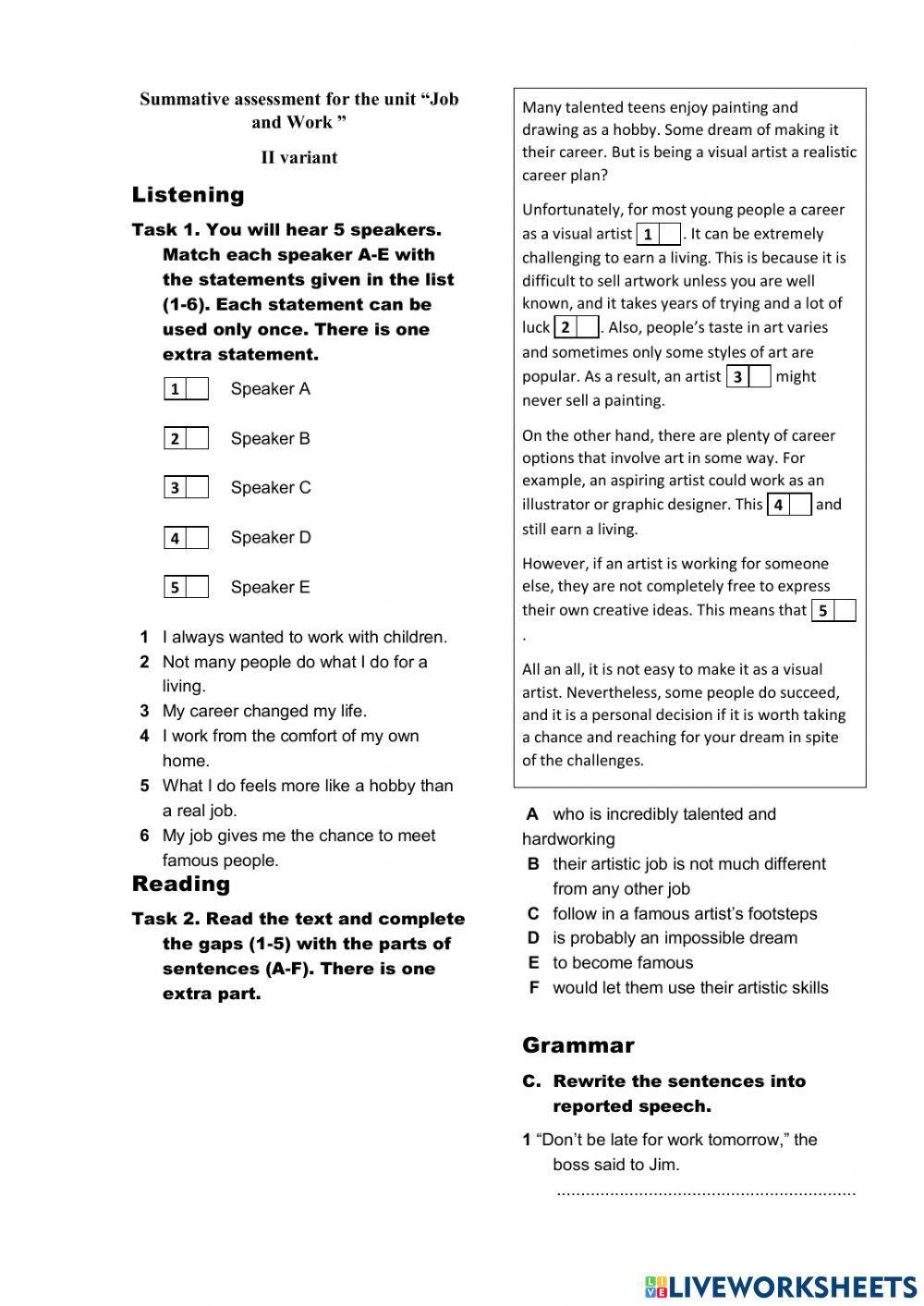 Summative assessment Test for the unit “Work and Job” II variant