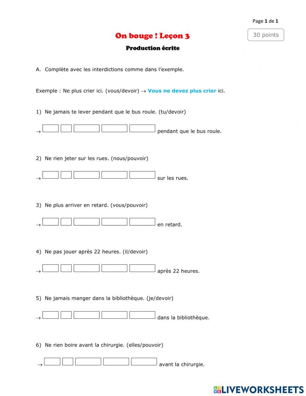 On bouge! Leçon 3 - Production écrite 2