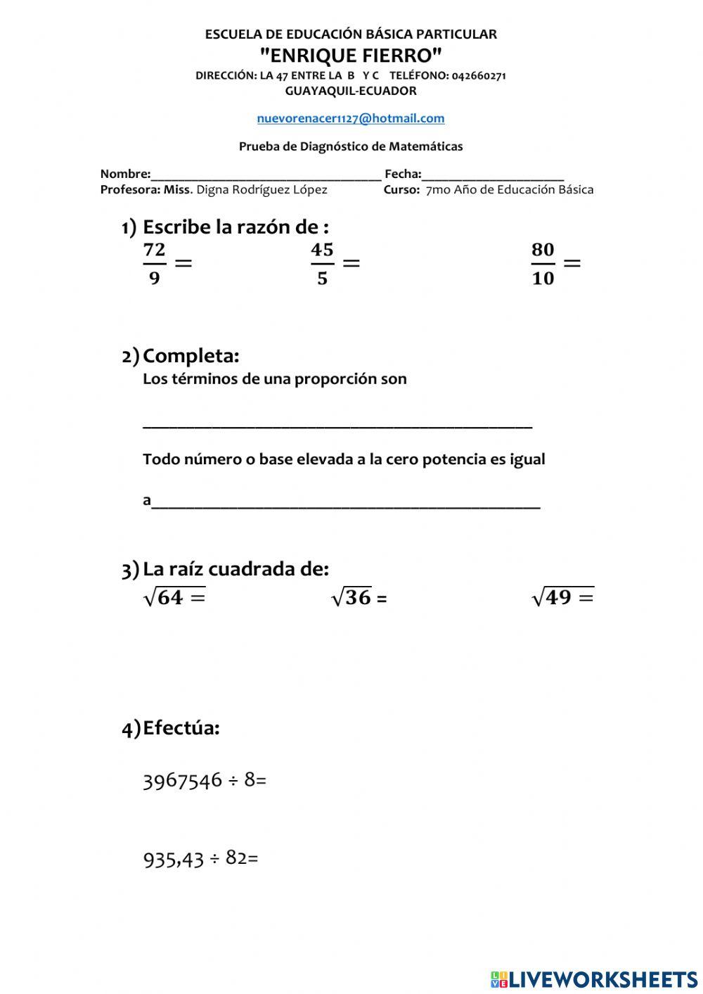 Prueba de Diagnóstico de Matemáticas de 7 mo