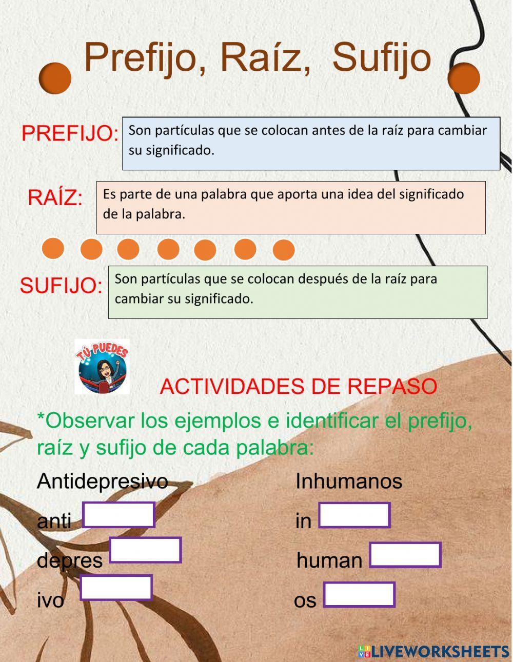 Prefijo, Raíz, Sufijo Prefijo, Raíz, Sufijo