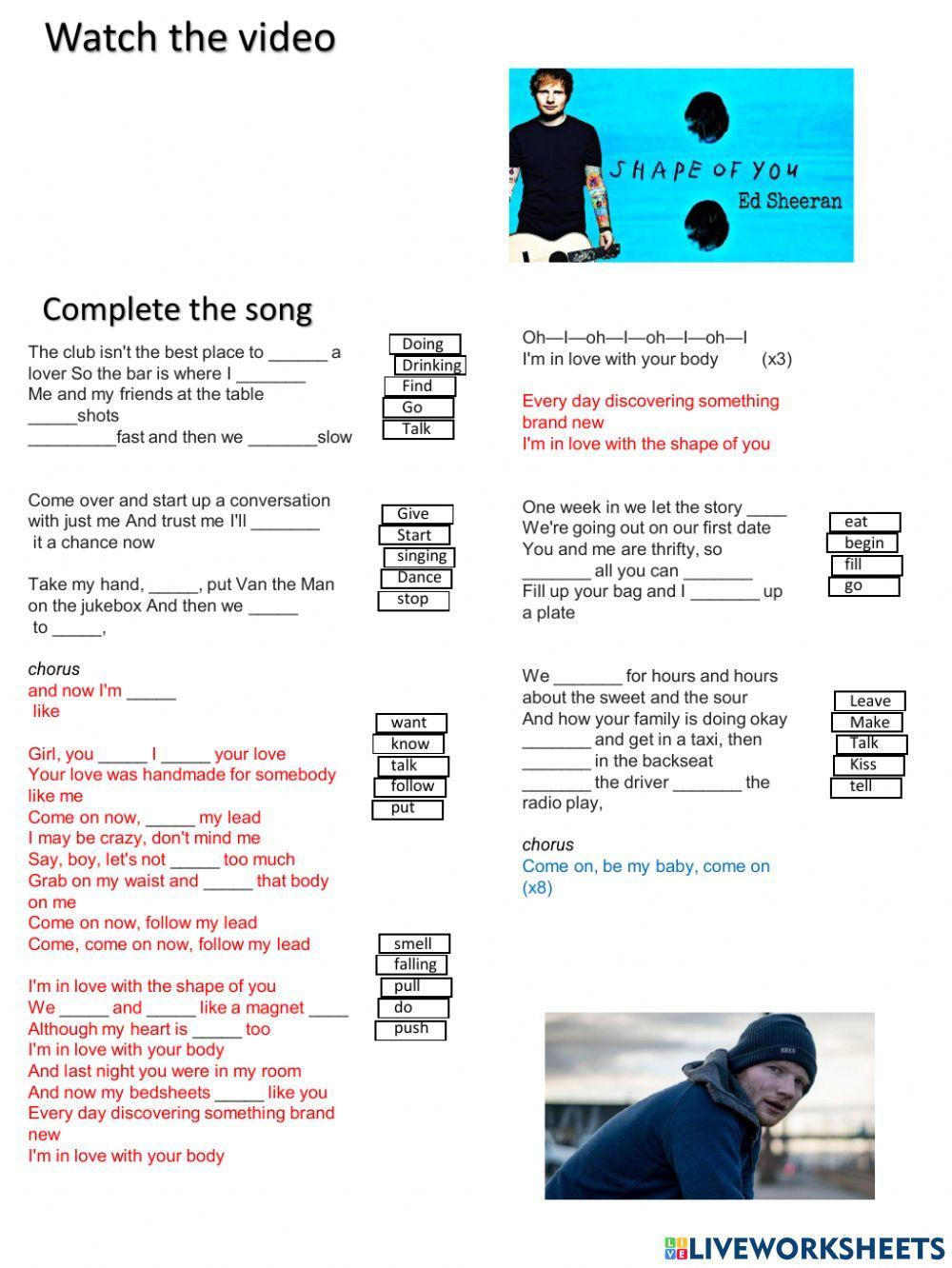 Listening Ed Sheeran - Shape of You, complete with verbs