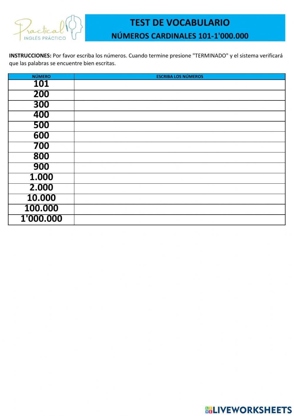 Test de vocabulario - números cardinales 100-1'000.000
