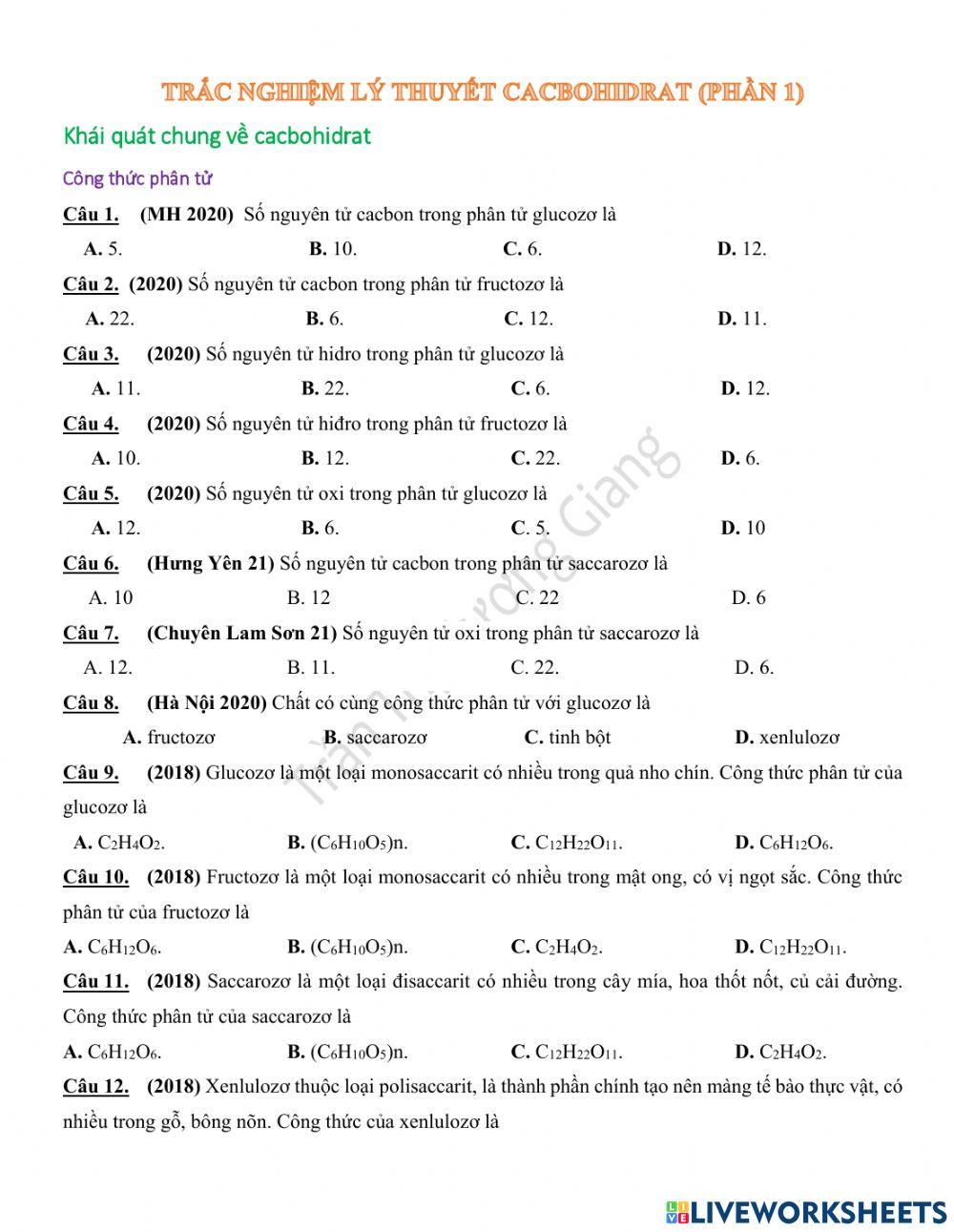 Trắc nghiệm lý thuyết cacbohidrat phần 1