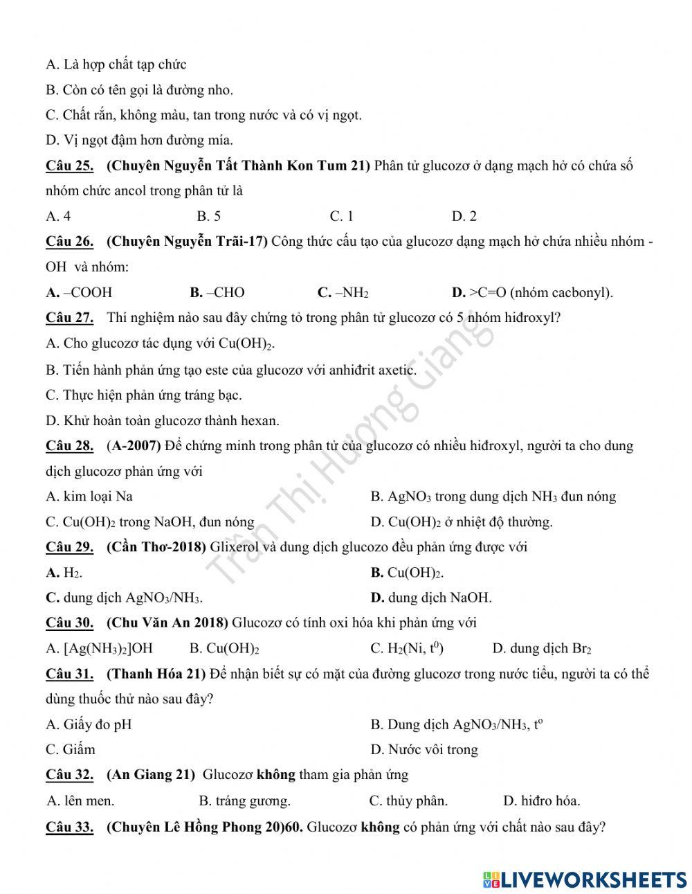 Trắc nghiệm lý thuyết cacbohidrat phần 1