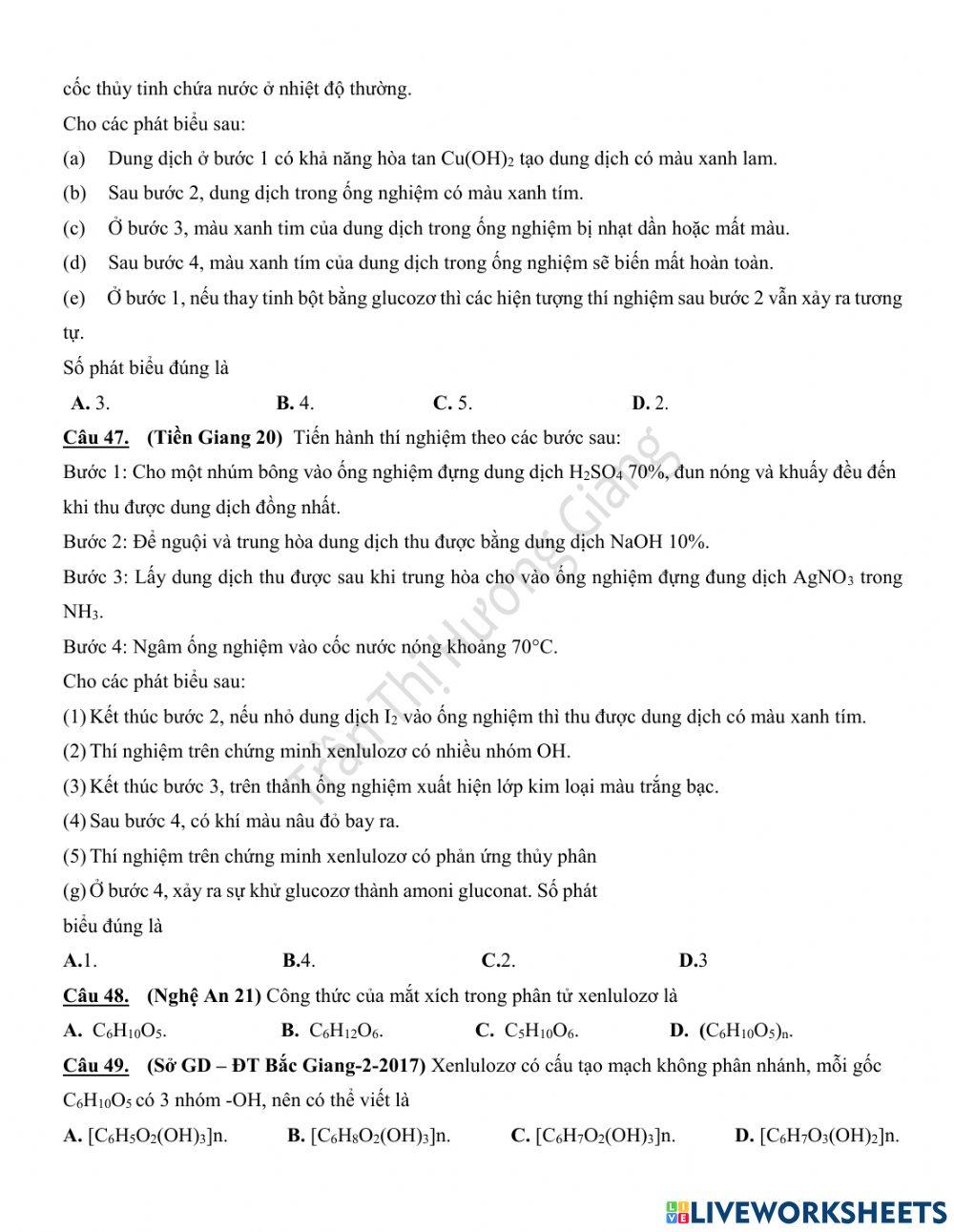 Trắc nghiệm lý thuyết cacbohidrat phần 1