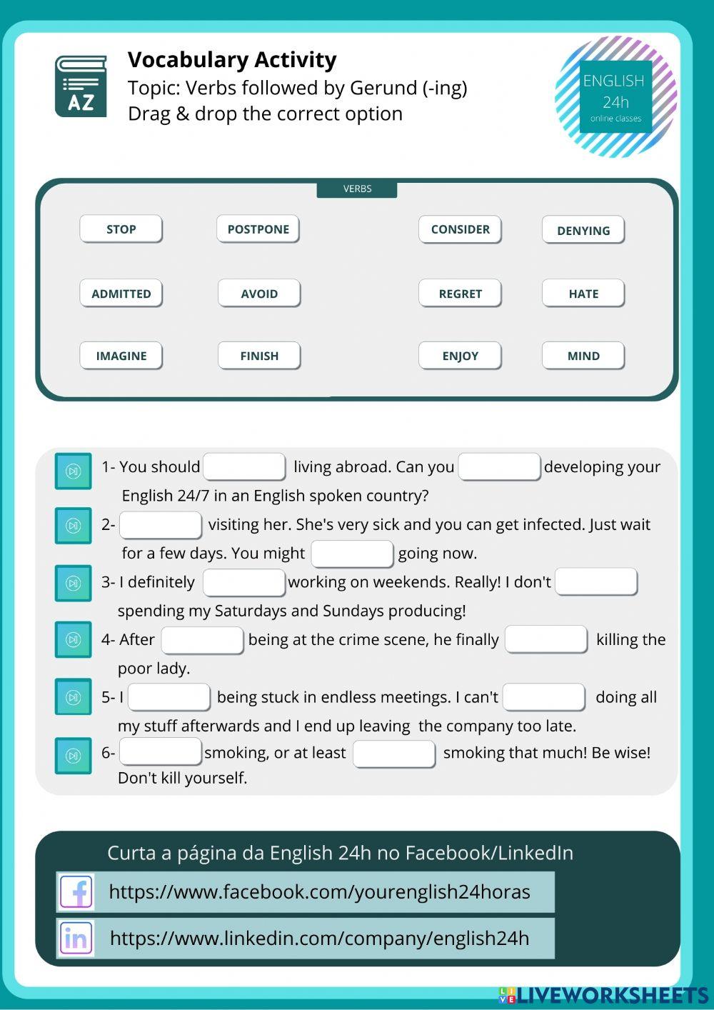 Vocabulary activity: Verbs followed by gerund