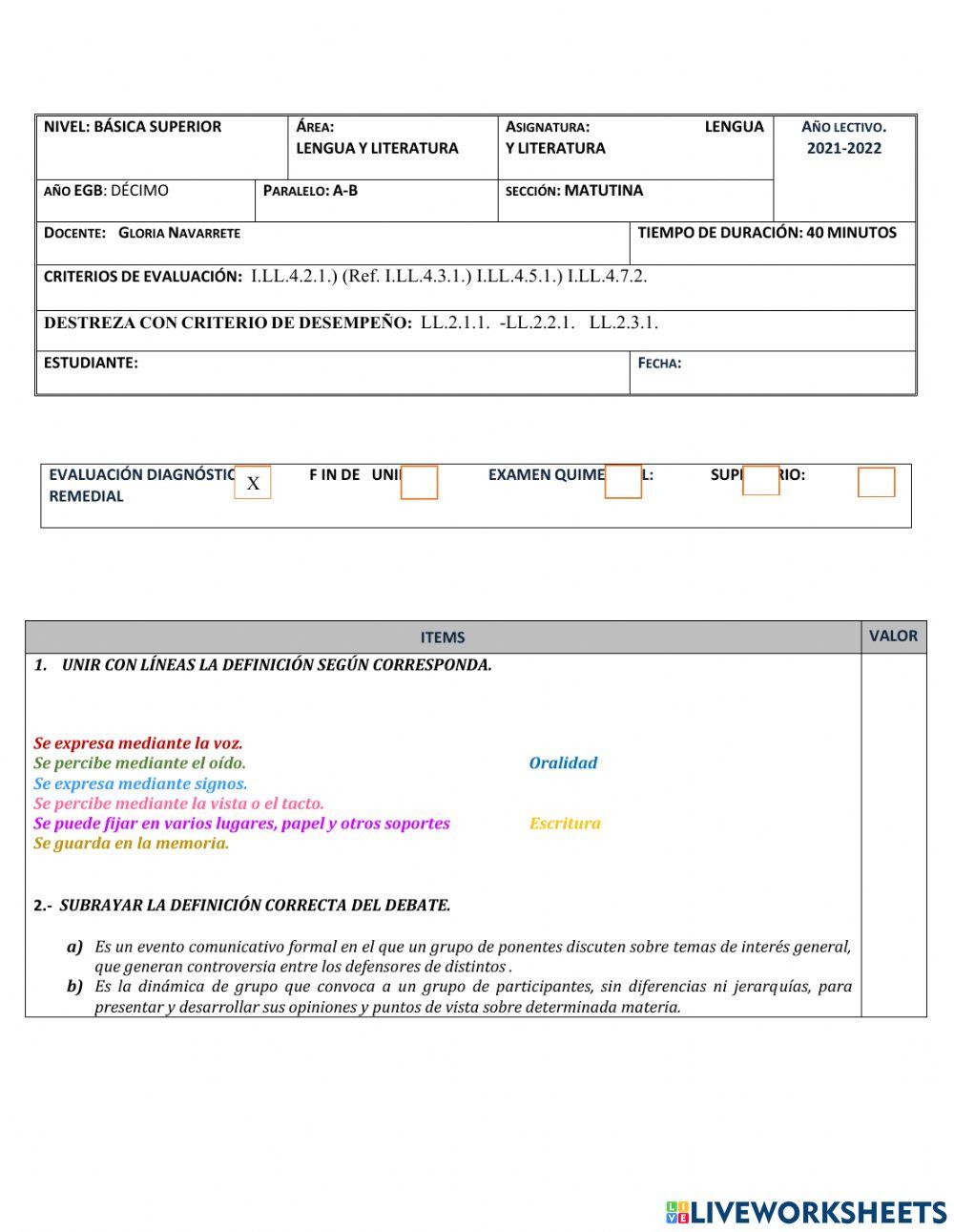 Evaluación diagnóstica 10mo lengua