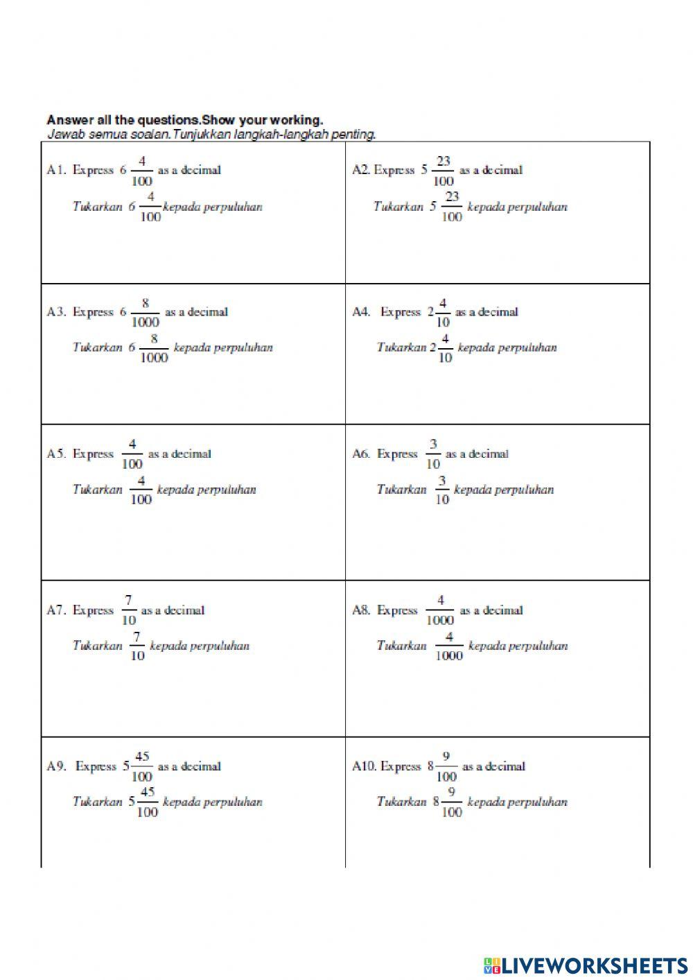 Menukar Pecahan Kepada Perpuluhan
