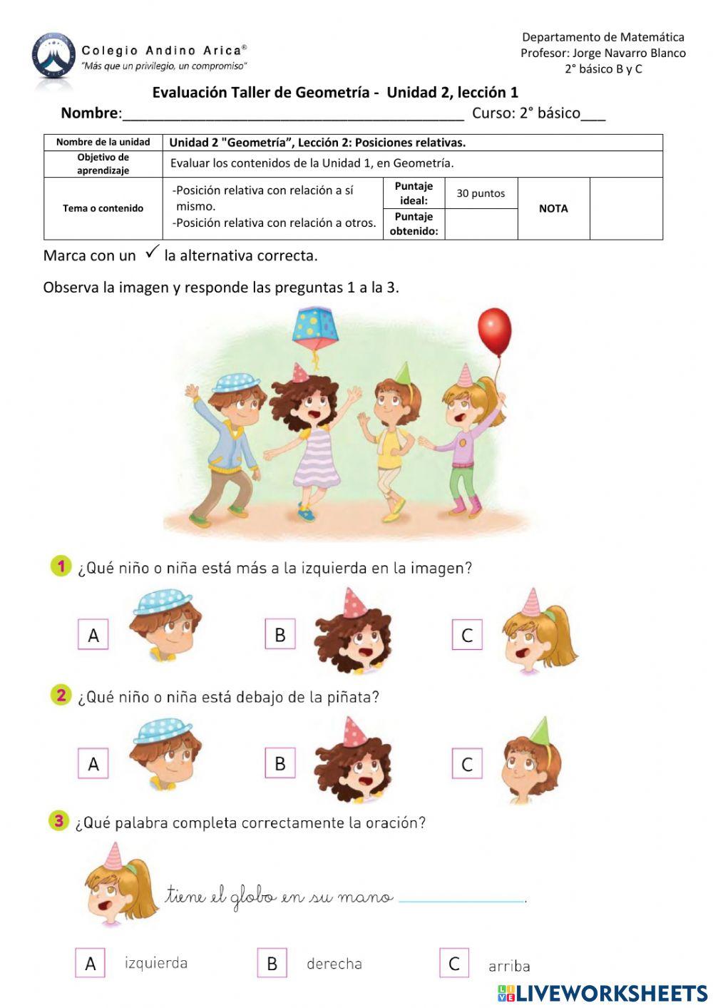 Evaluación Taller de Geometría, Unidad 2, lección 1