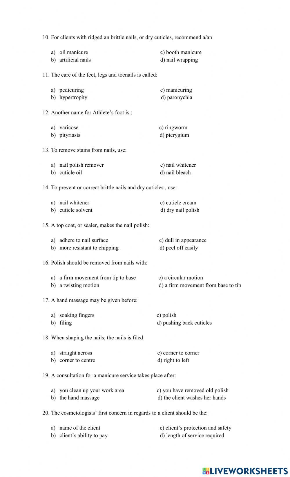 Manicure and Pedicure worksheet