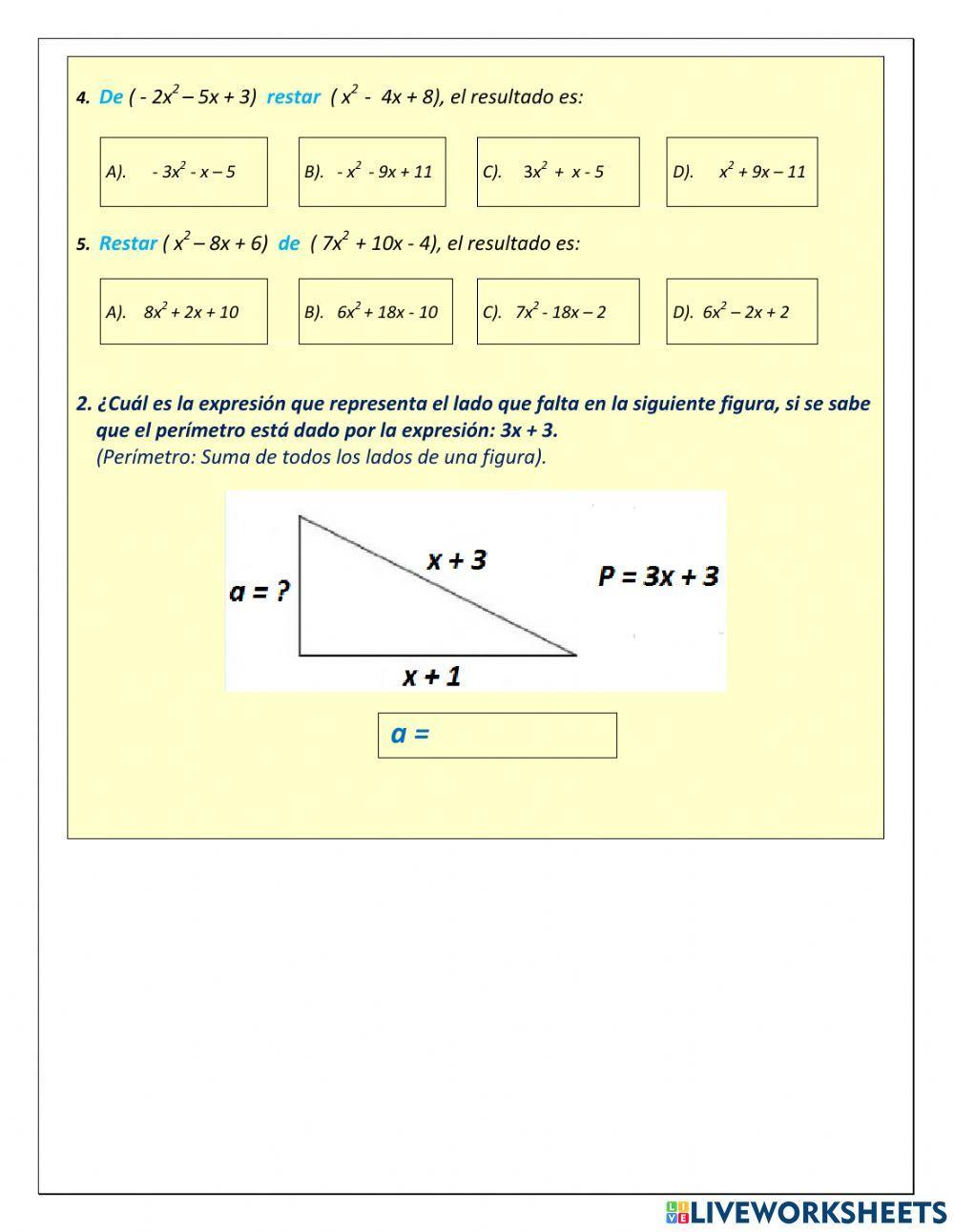 ADICCIÓN Y SUSTRACCIÓN DE POLINOMIOS ALGEBRAICOS