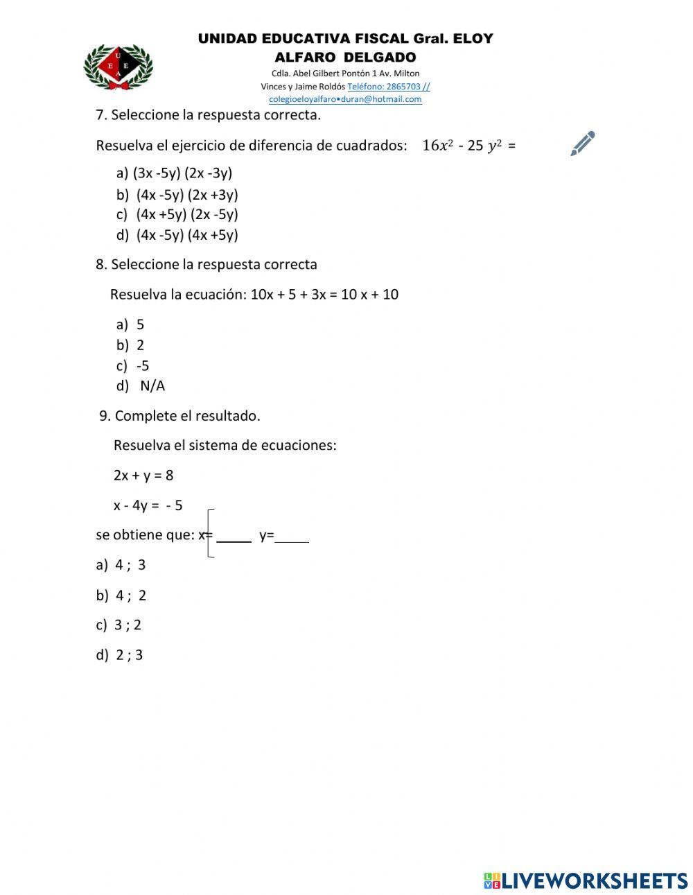 Evaluación Diagnóstica de Matemática