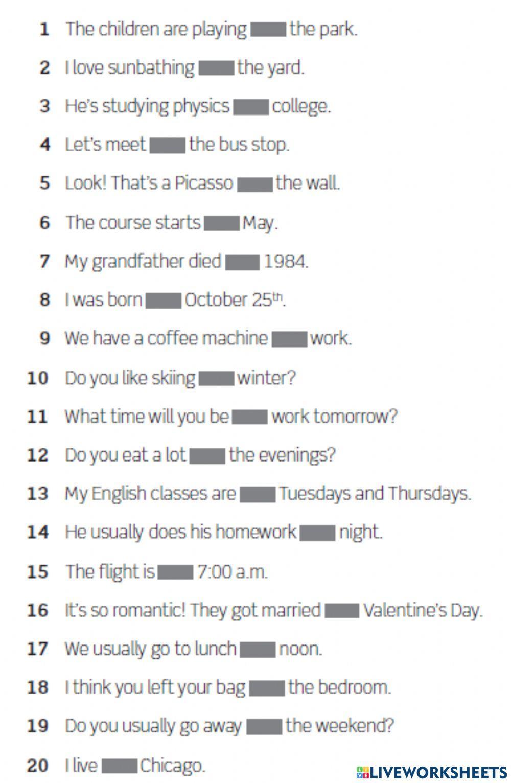 Prepositions - in, on, at