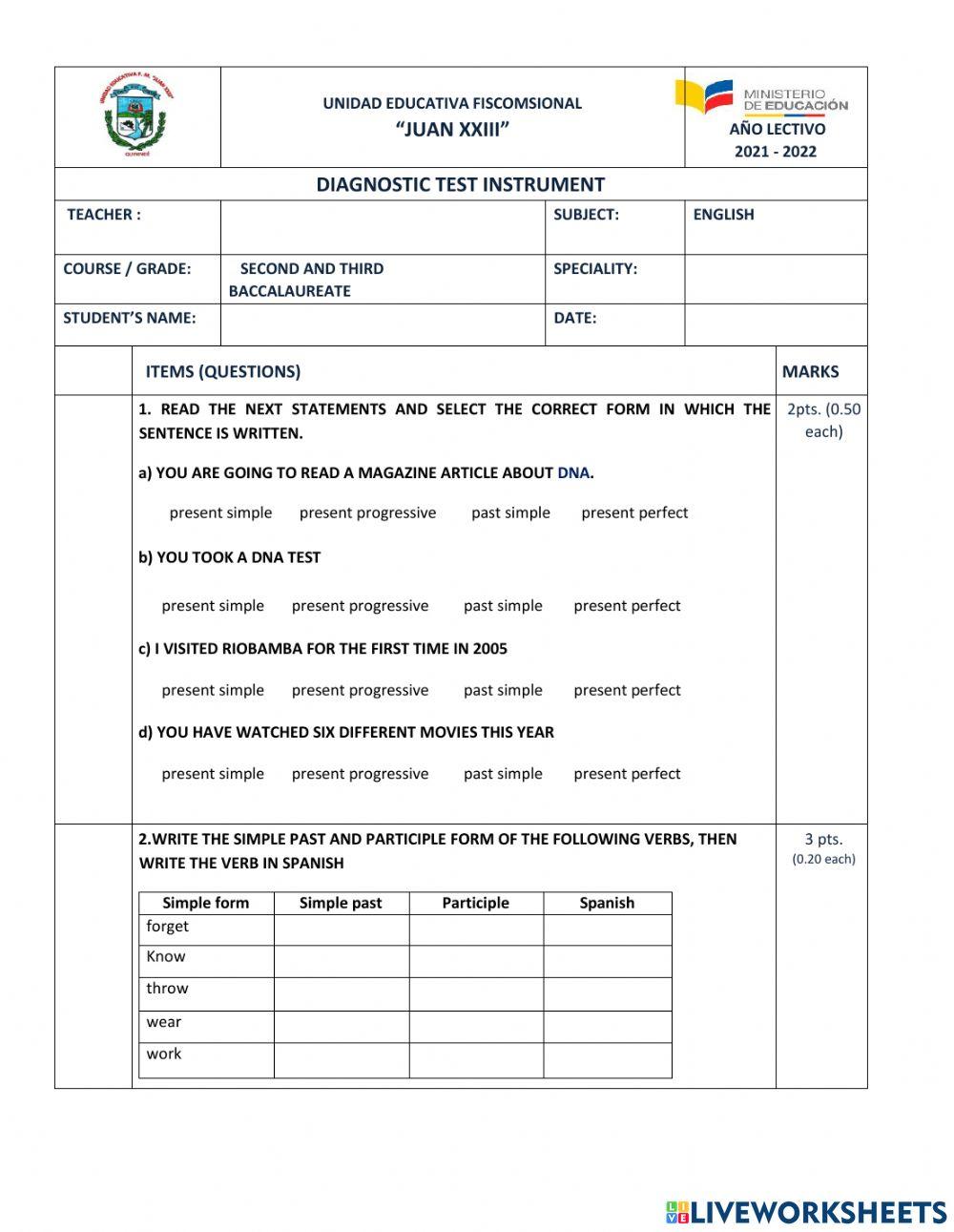 Diagnostic Test 2nd and 3rd. BGU