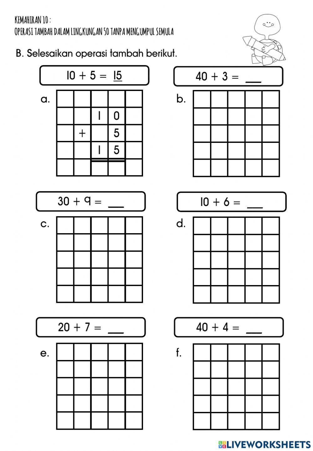 Operasi tambah dalam lingkungan 50 tanpa mengumpul semula