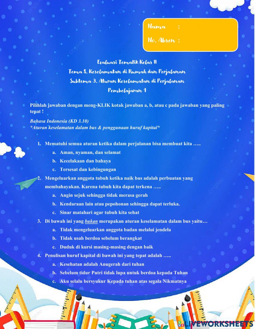 Soal evaluasi tema 8 subtema 3 kelas 1