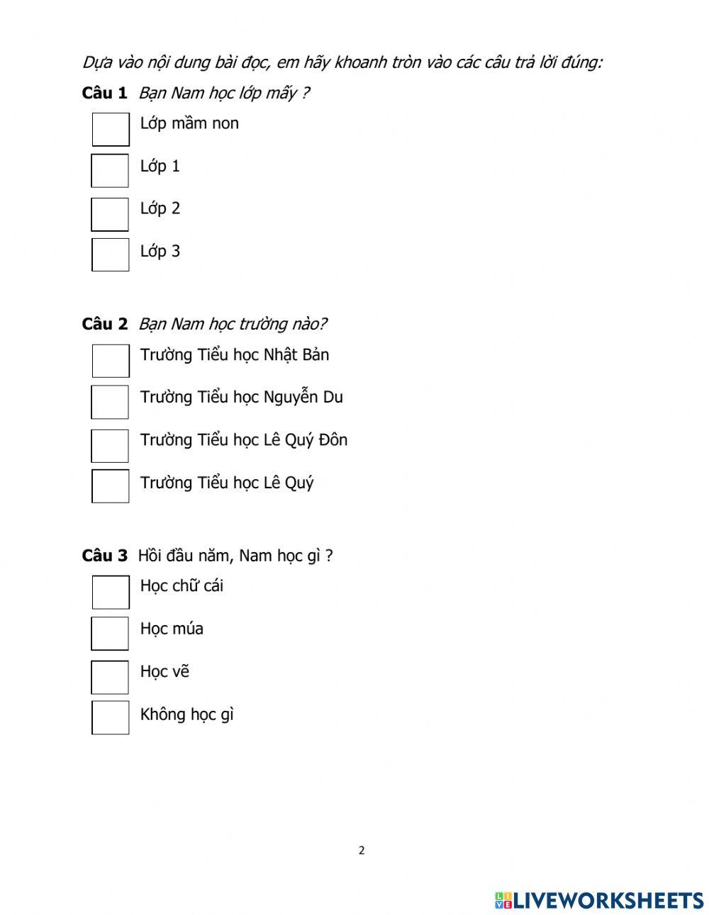 Phiếu đọc hiểu: Tôi là học sinh lớp 1