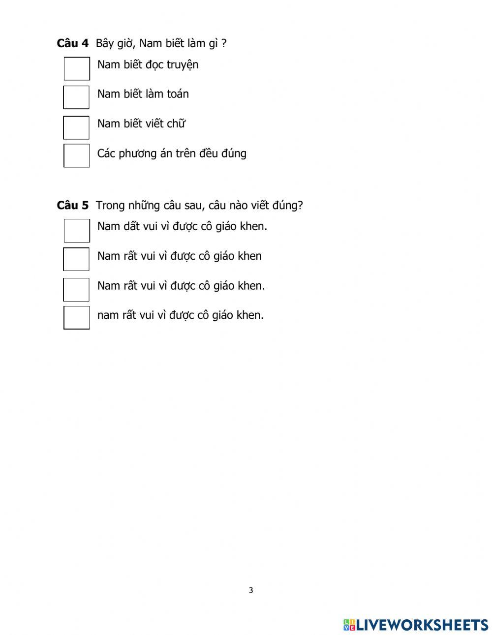 Phiếu đọc hiểu: Tôi là học sinh lớp 1