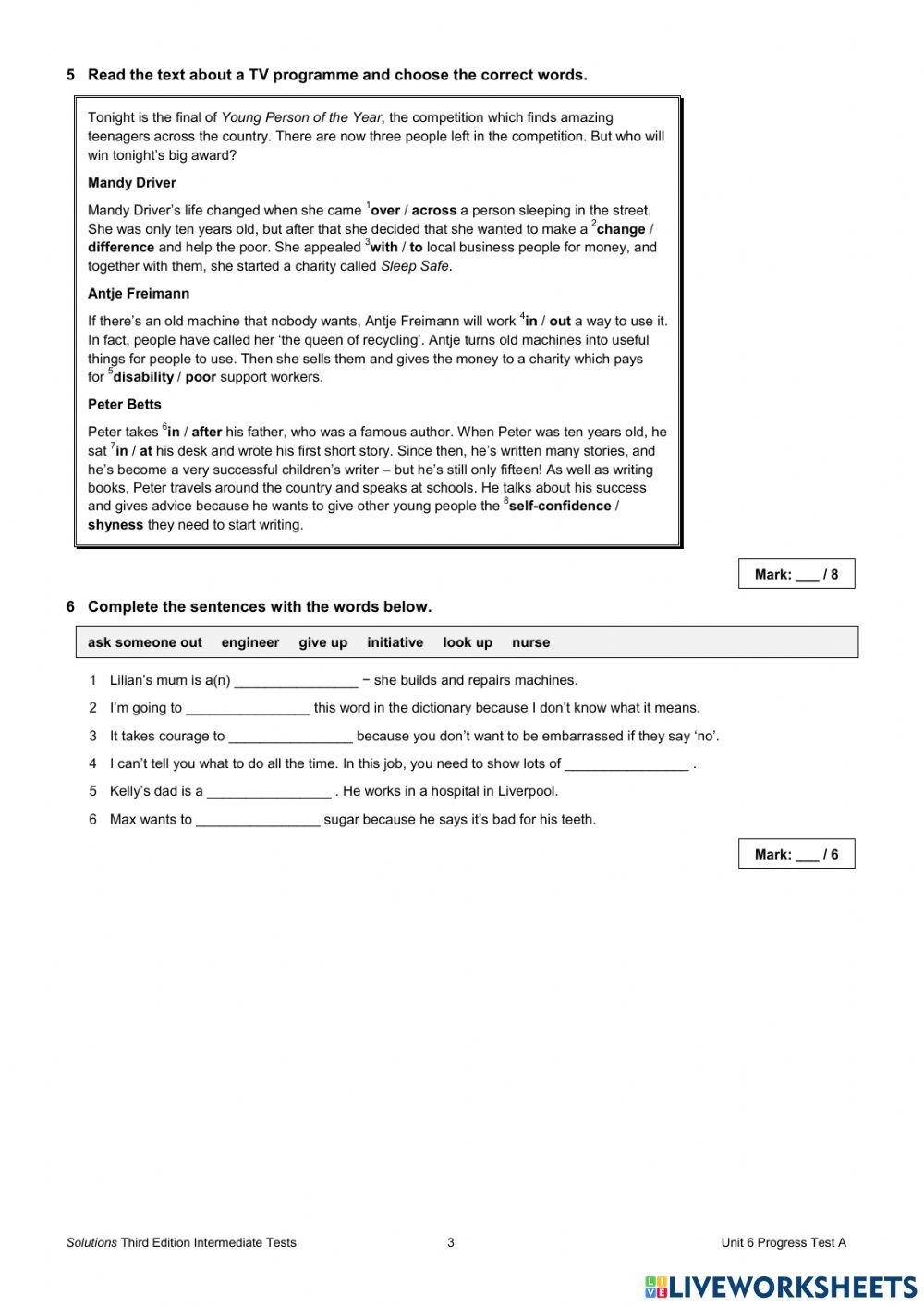 Solutions Intermediate 3ed Unit test 6