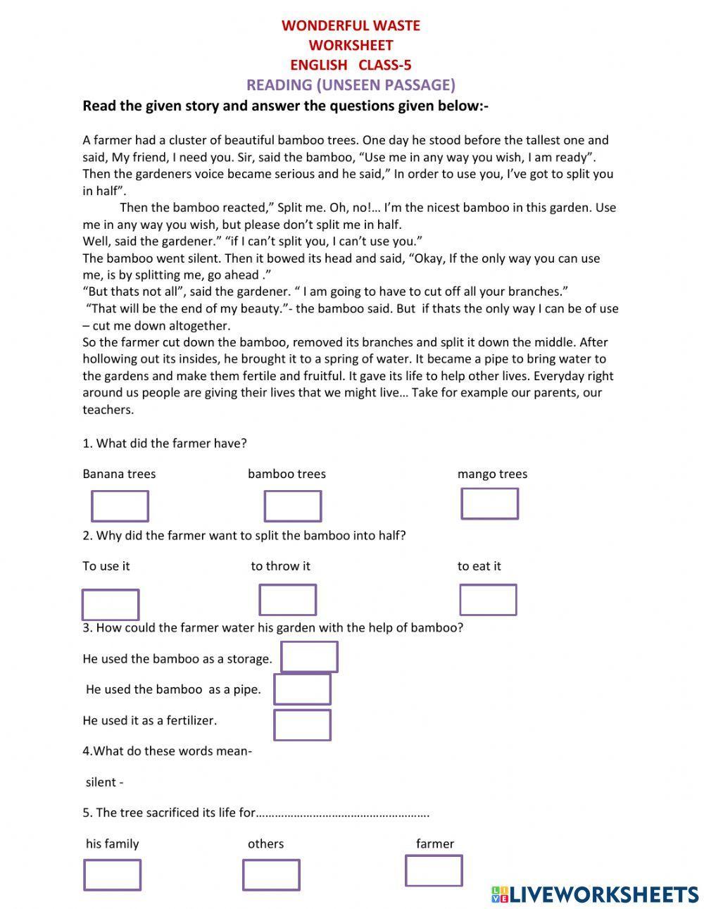 Wonderful waste- worksheet