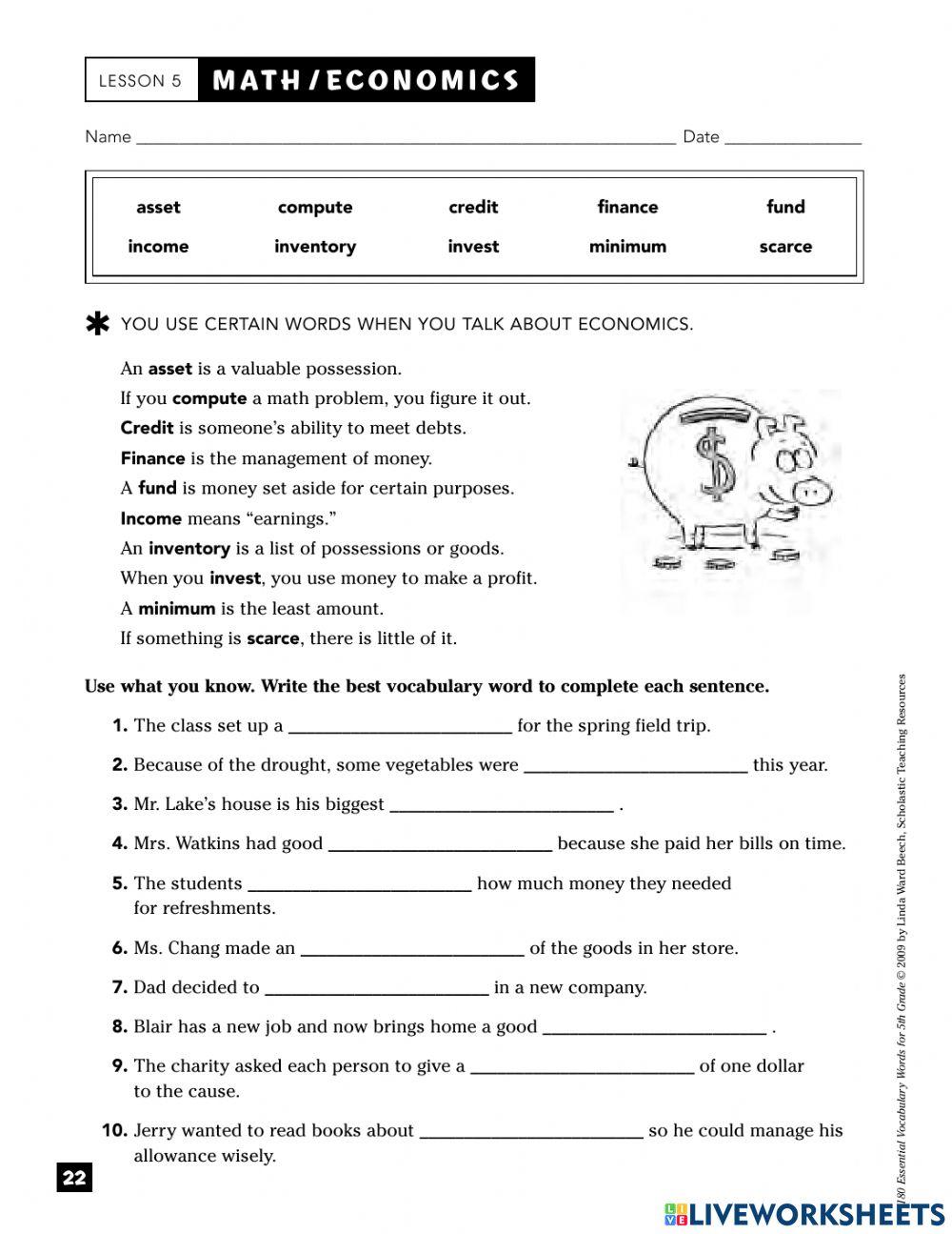 Economics words online exercise for Live Worksheets