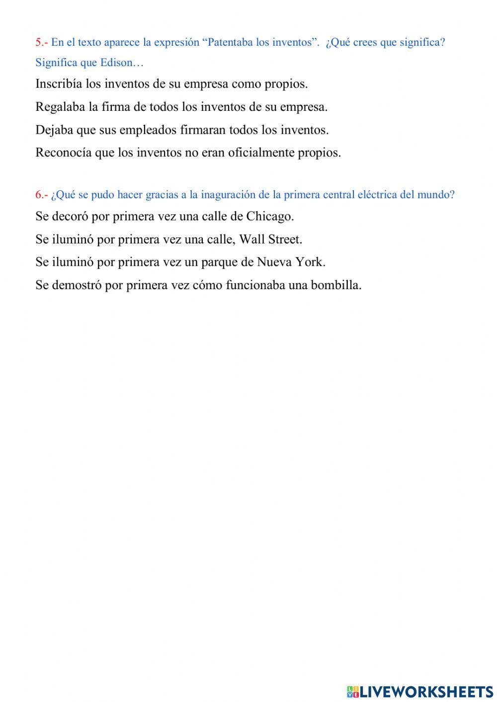 Comprensión lectora: invención de la bombilla