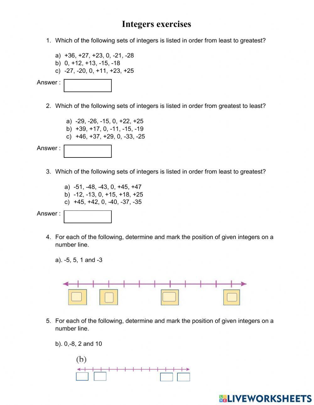 Integer positive and negative liveworksheets 1007128