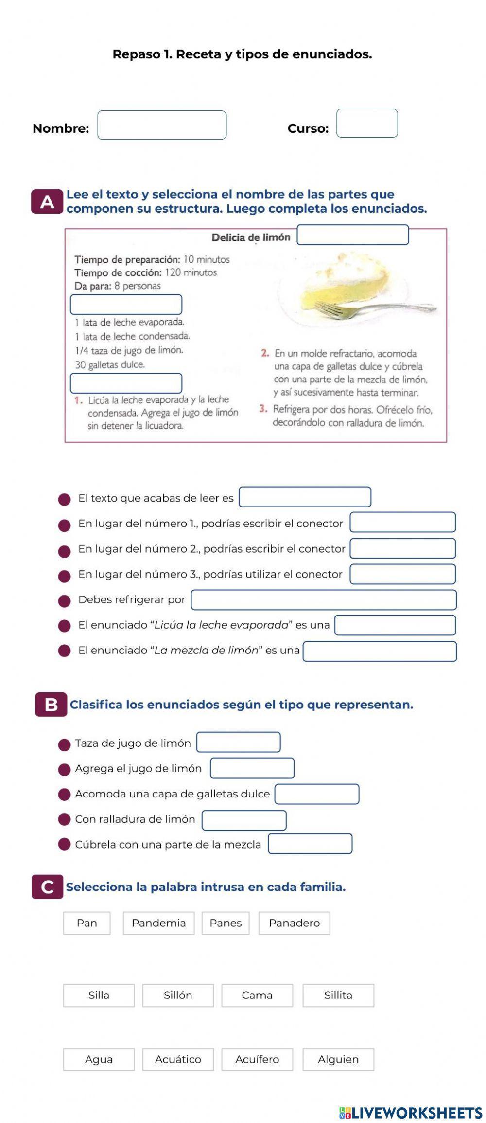 Lengua - Repaso 1 - Receta, tipos de enunciados y familia de palabras