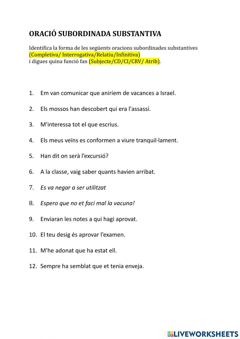 Oració subordinada substantiva