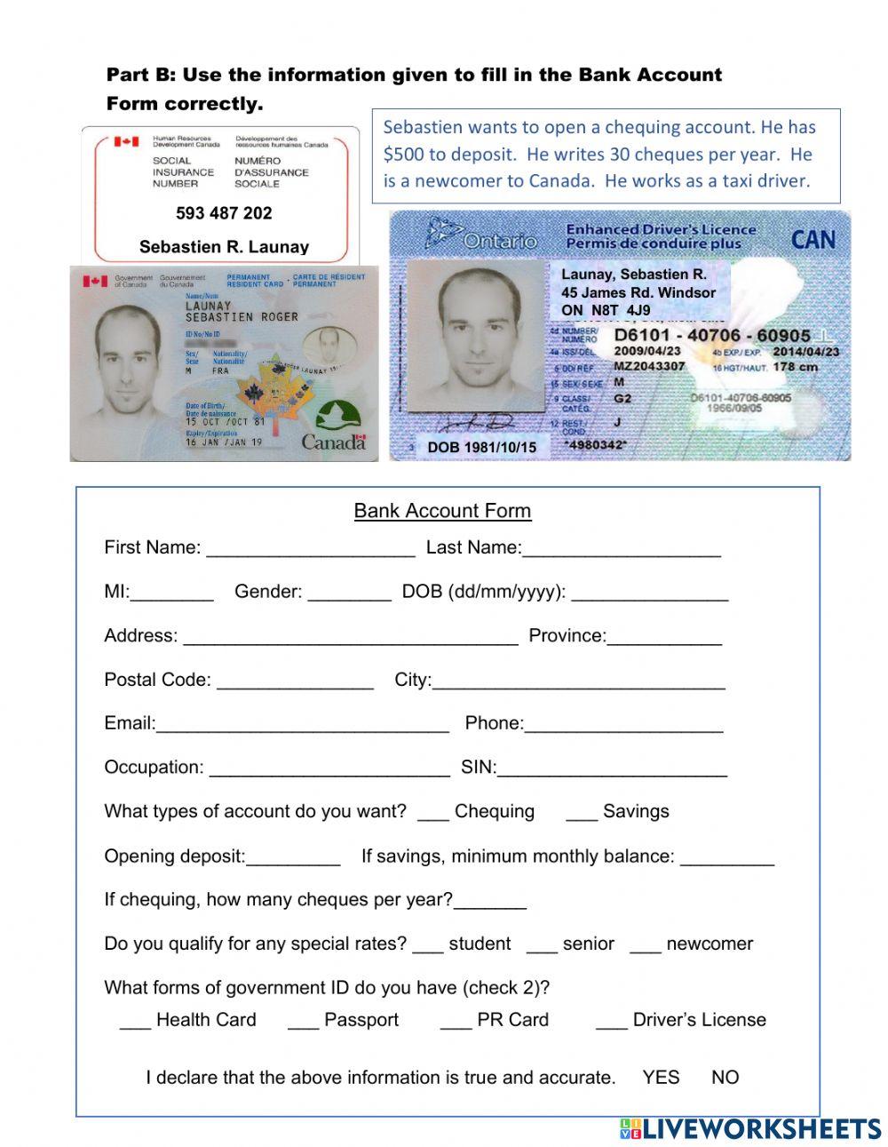 Bank Account Forms Worksheet 1