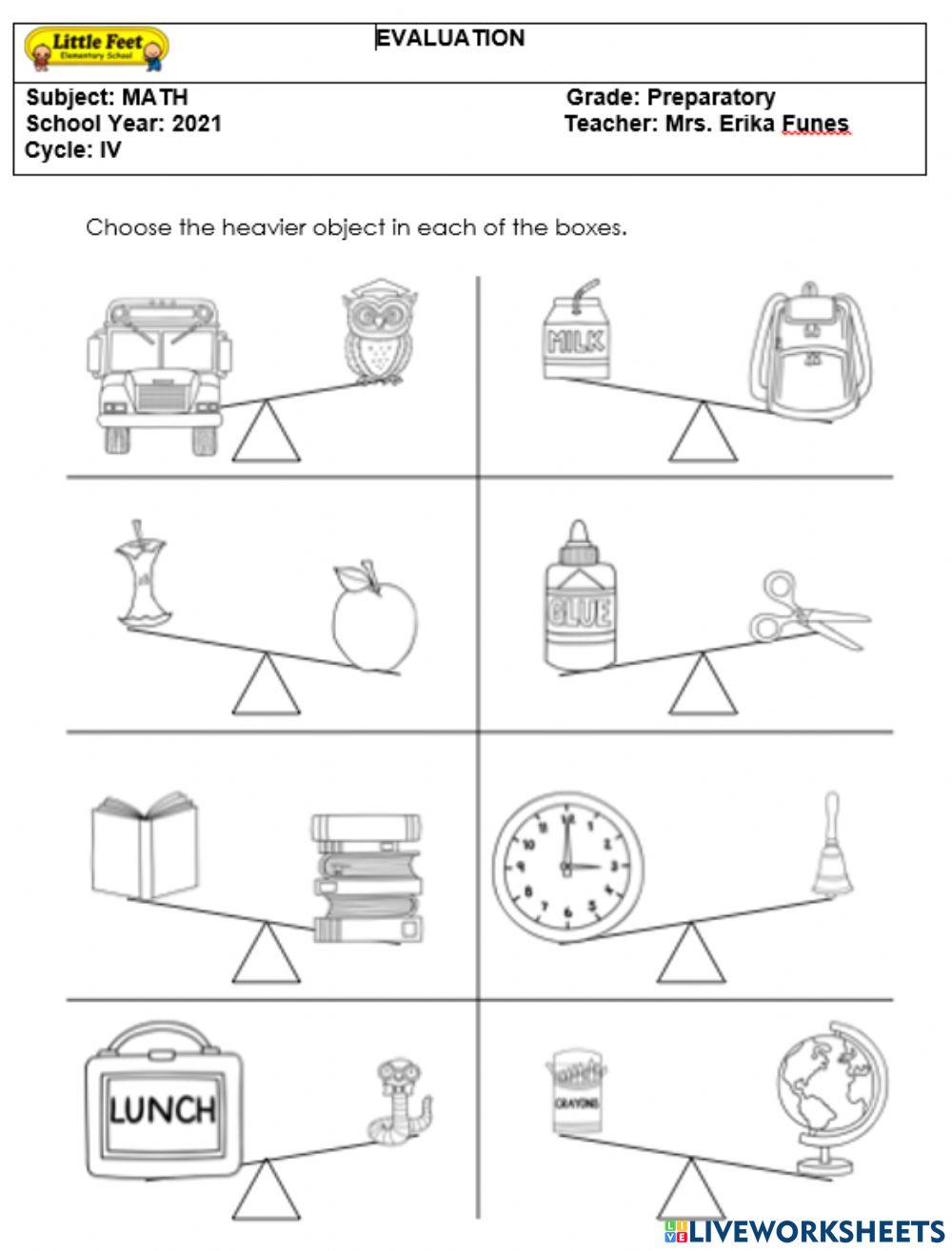ASSESSMENT 4TH MATH HEAVY OR LIGHT online exercise for | Live Worksheets