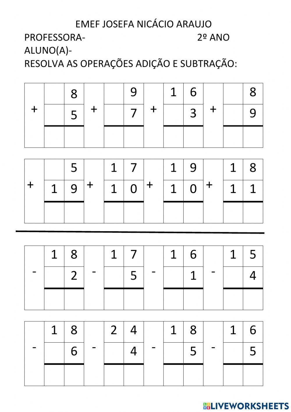 Adição e subtração interactive activity for 2º ano Live Worksheets