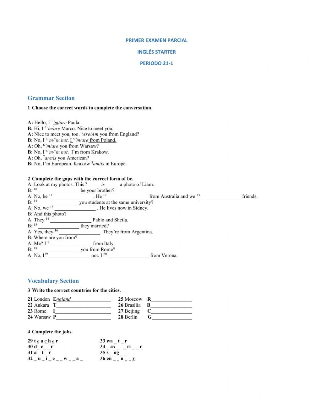 PRACTICE TEST - VERB TO BE, JOBS, COUNTRIES - NATIONALITIES