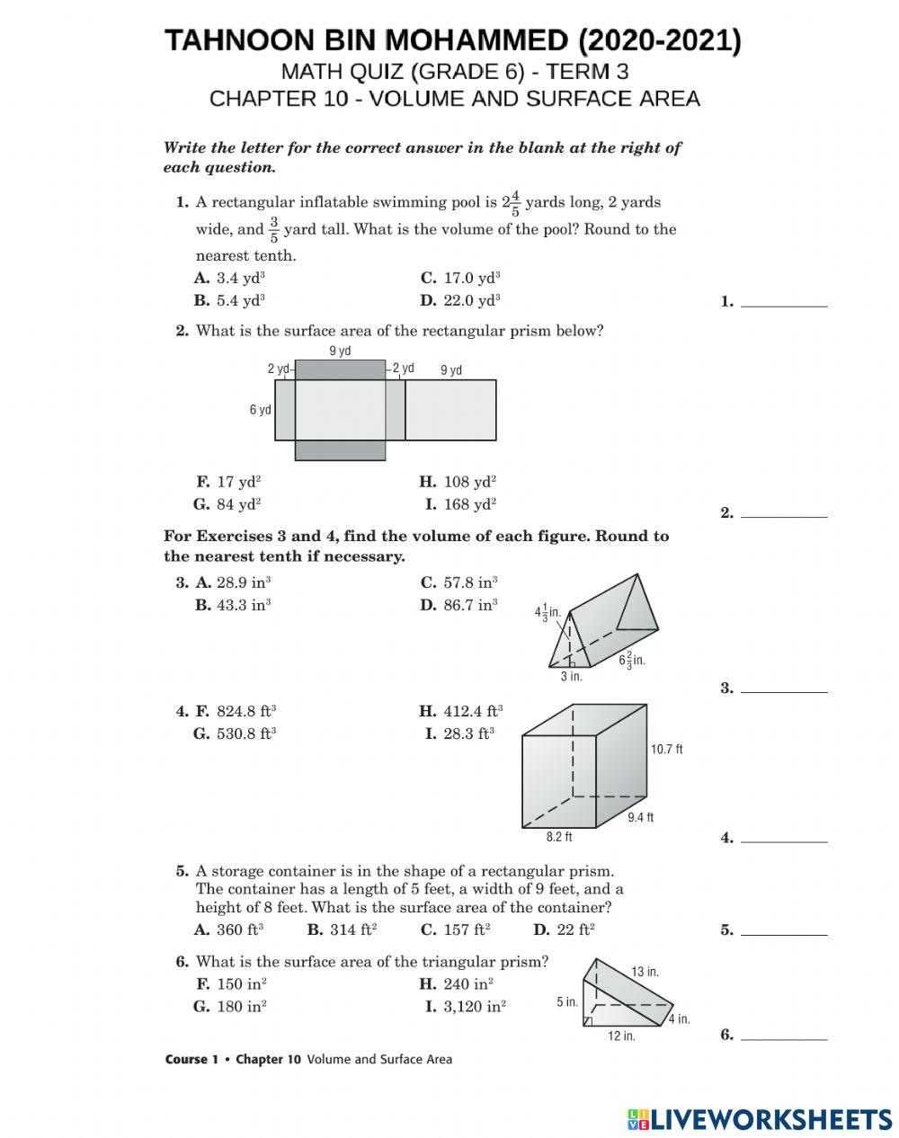Review assessment - chapter 10 - volume and surface area
