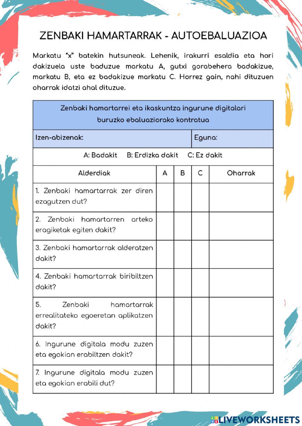 Zenbaki hamartarrak - Autoebaluazioa