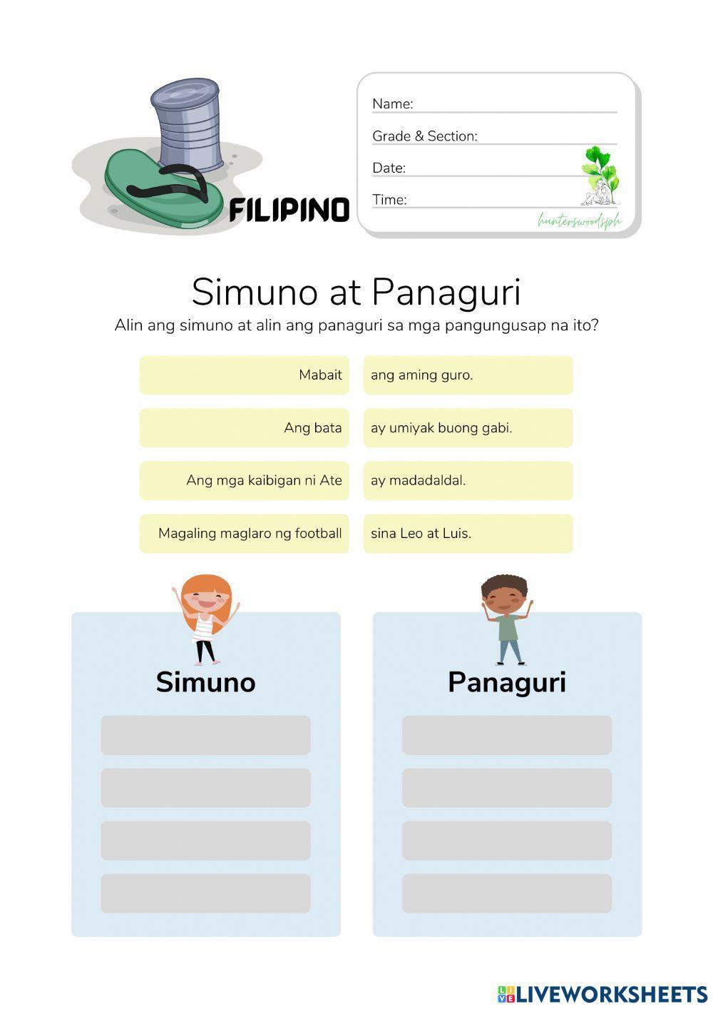 Simuno at Panaguri - HuntersWoodsPH Filipino Worksheet