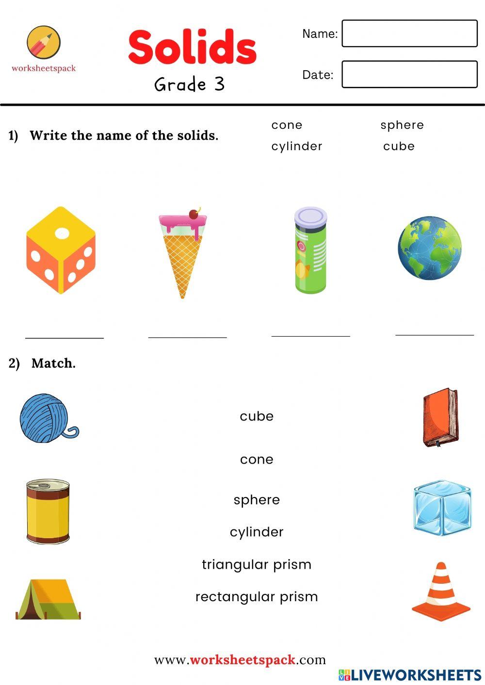 Solids match and write the name of the solids worksheet