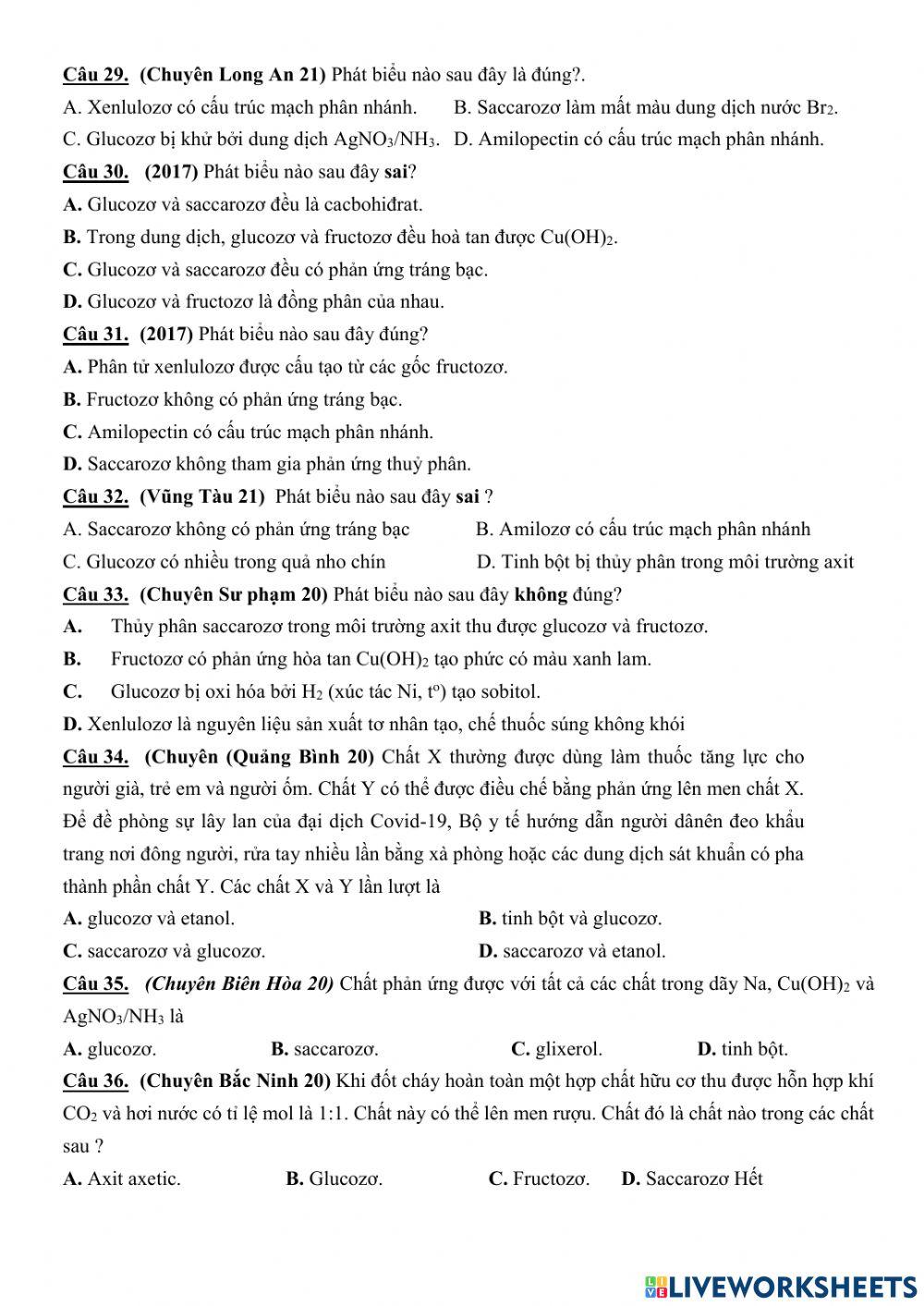 Trắc nghiệm lý thuyết cacbohidrat (phần 2)