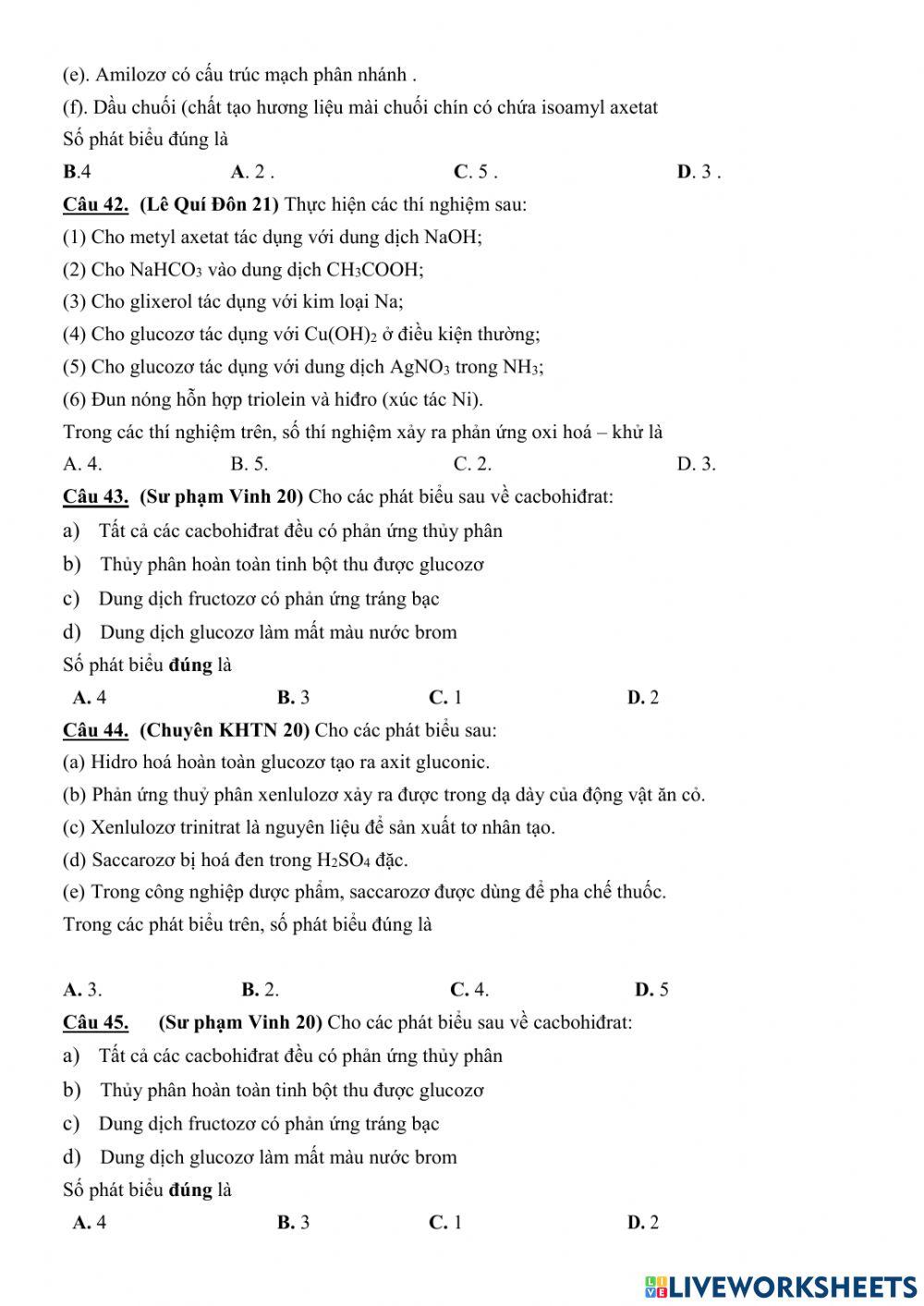 Trắc nghiệm lý thuyết cacbohidrat (phần 2)