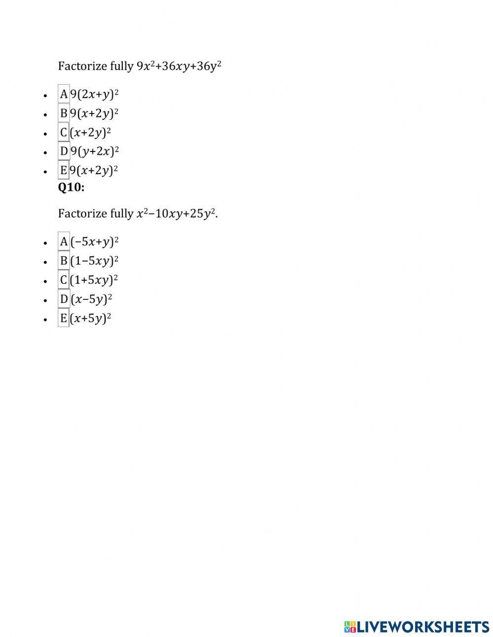 Perfect Square Trinomial Worksheets