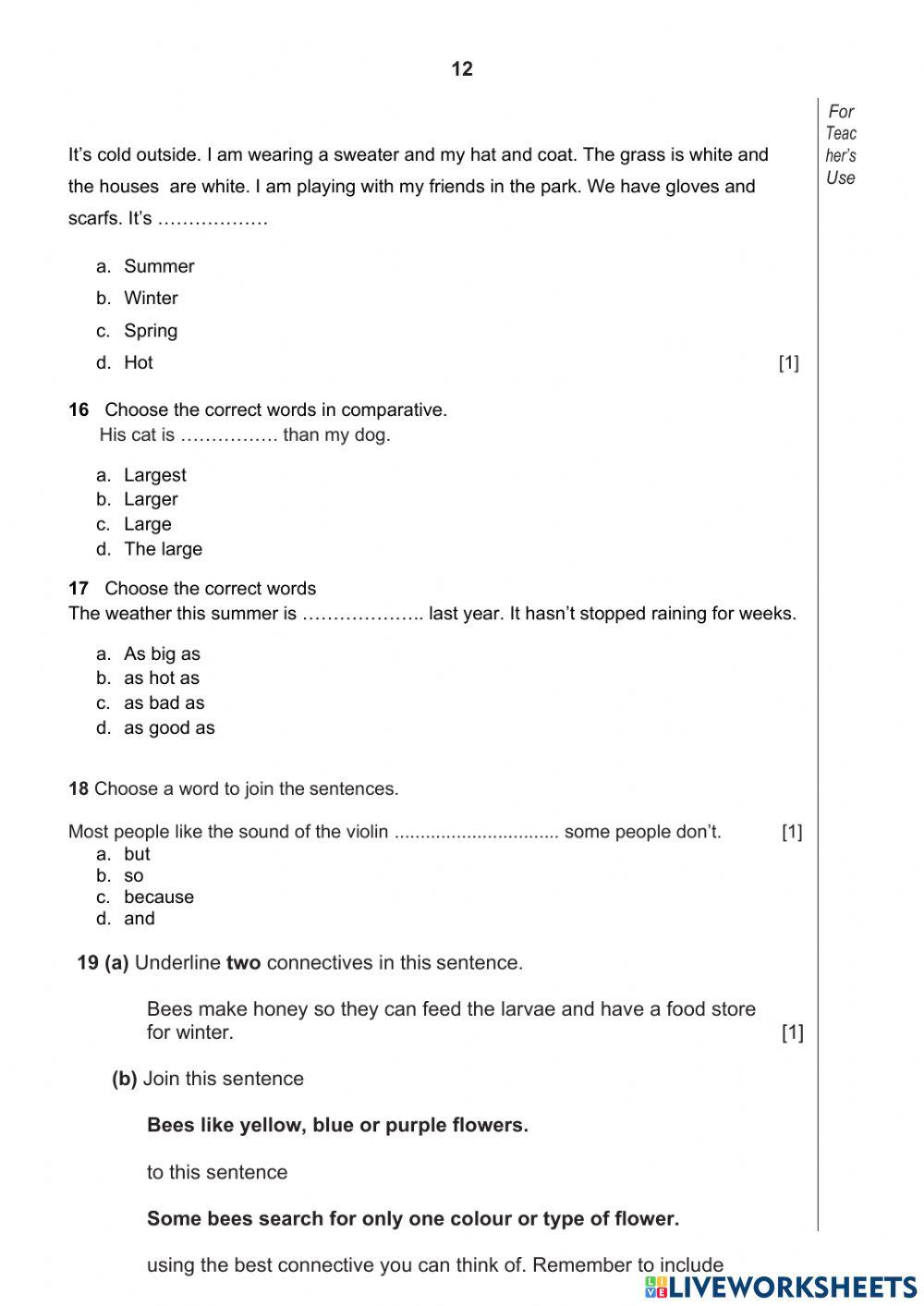 4-grade-English-Paper-1 worksheet | Live Worksheets