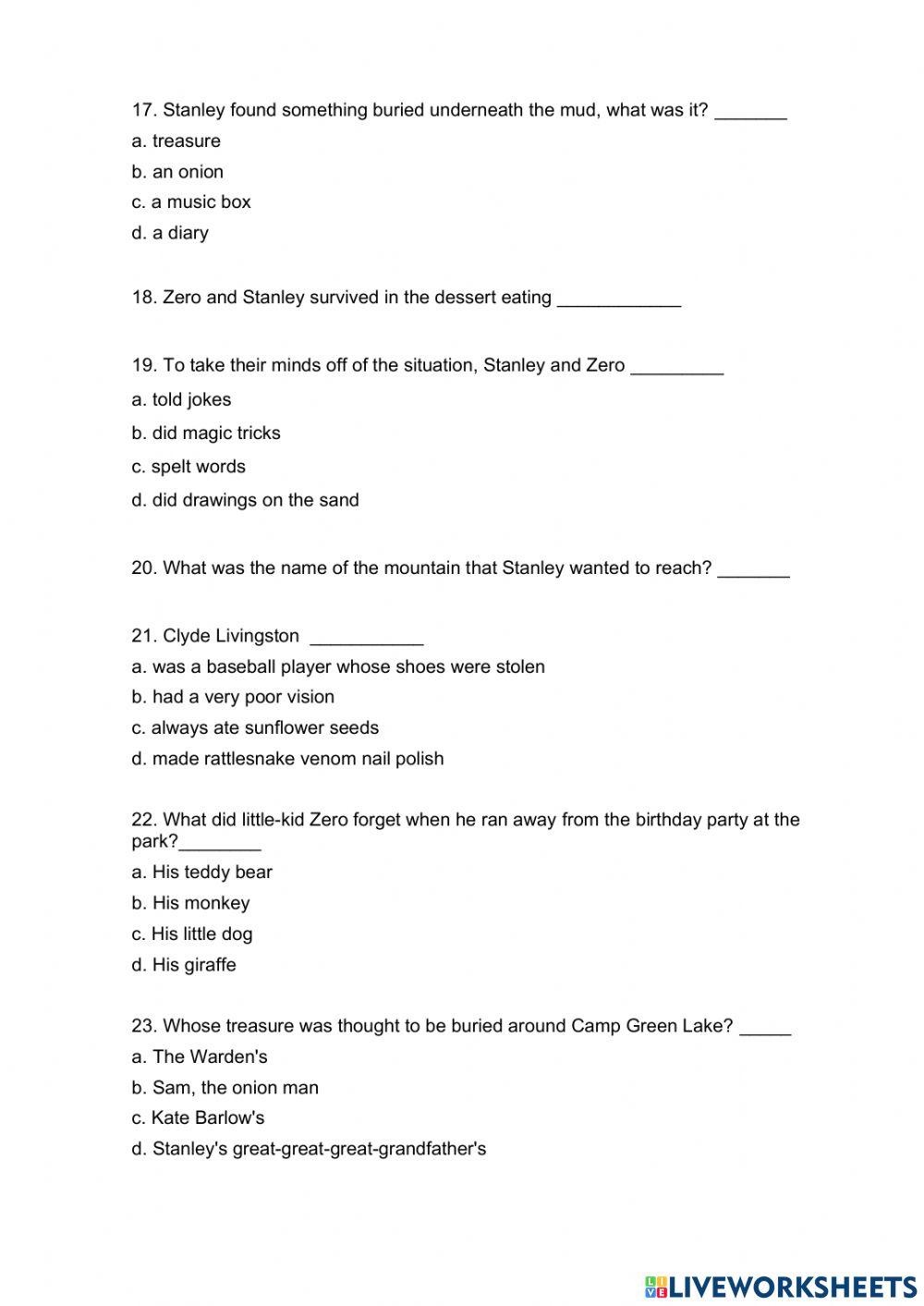Holes Free Worksheets