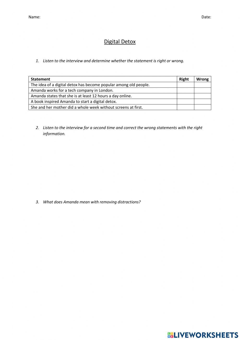 Whilelistening activity Digital Detox worksheet Live Worksheets